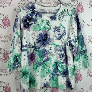 CJ Banks cardigan rhinestones Floral Long Sleeve Top Blue, Green, Purple